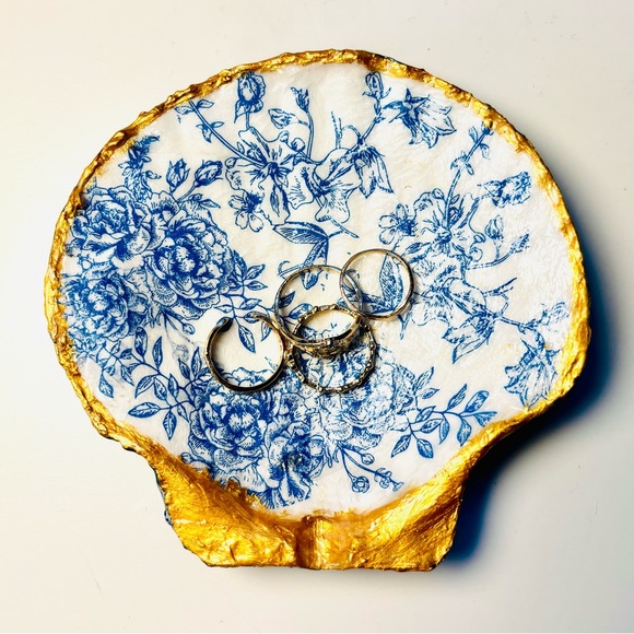 Hand Crafted Jewelry - Handmade shell ring dish with blue and white floral decoupage design